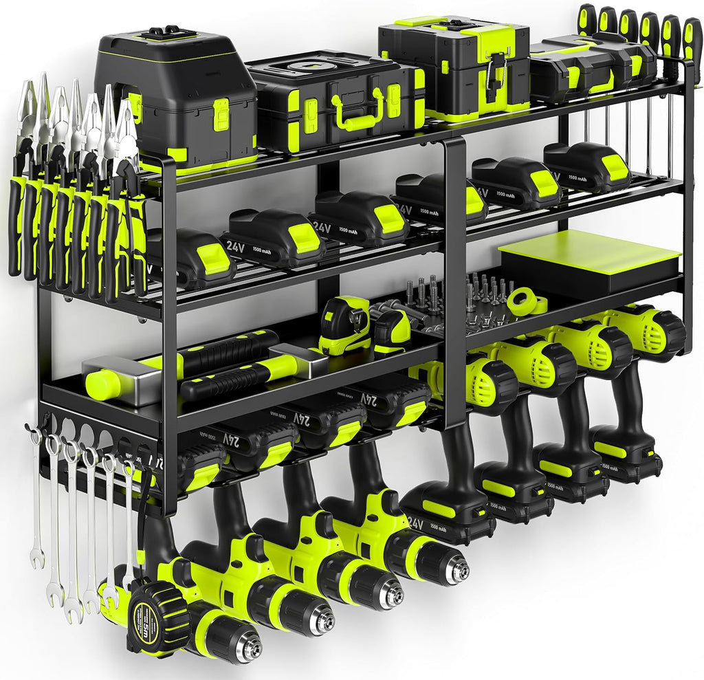 POKIPO 33" W Heavy-Duty Power Tool Organizer - Wall Mount Storage for 8 Drills & Batteries | Ideal for Garage & Workshop