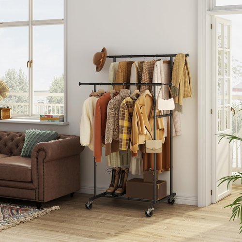 Double Rod Garment Rack with Wheels, Heavy Duty Rolling Clothes Rack For Hanging Clothes, Portable Metal Clothing Rack with Shelves,Black, 64.2inch Chrome