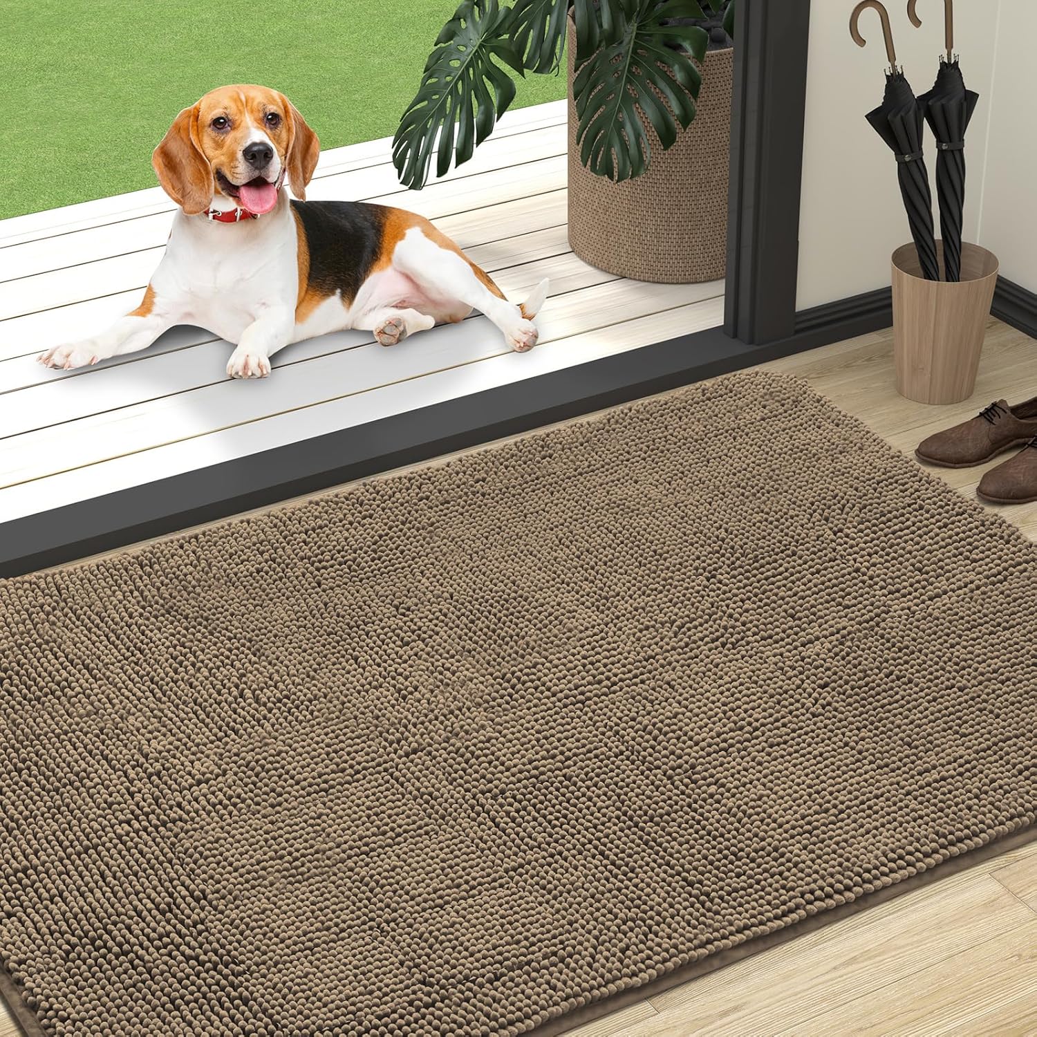 OLANLY Dog Door Mat - Absorbent Non-Slip Chenille Mat for Muddy Paws | 47x32 Tan Indoor Carpet