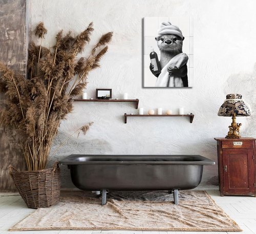 Funny Bathroom Otter Canvas Wall Art - Cute Black and White Otter Painting | 12x16in Home Decor