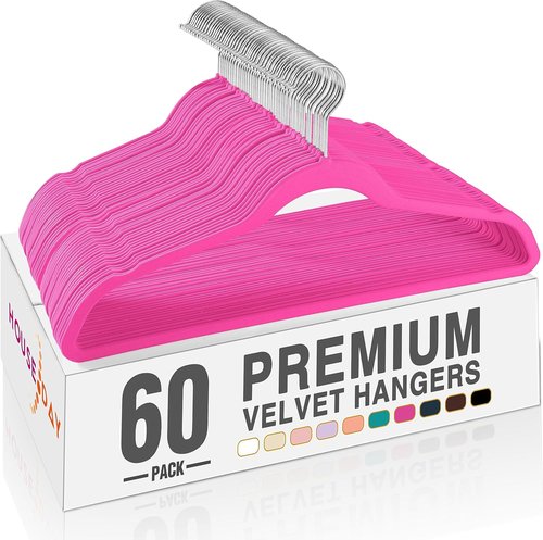 HOUSE DAY Rosy Red Velvet Hangers - 60 Pack Non-Slip Heavy Duty Suit Hangers | Space-Saving Design with 360° Rotating Hook