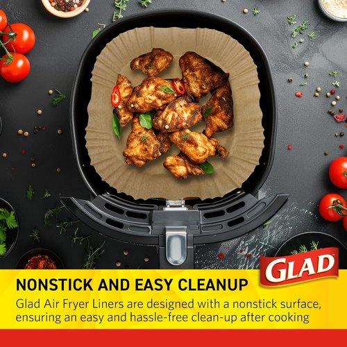 Glad Air Fryer Liners - Nonstick & Heat Resistant, 9" Rounded Square Shape - 100 Count, Food Grade Material