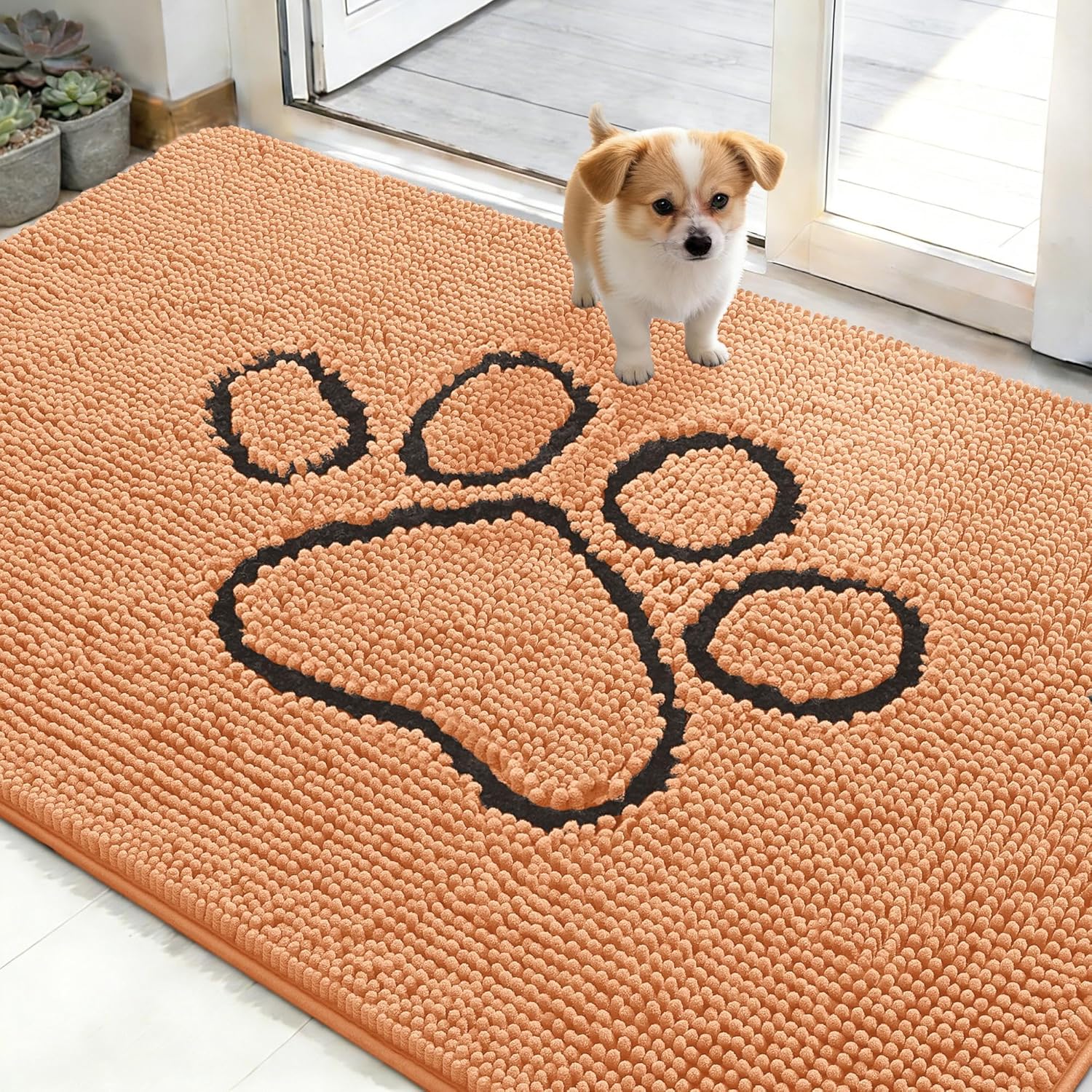 OLANLY Dog Door Mat - Absorbent Non-Slip Mud Mat for Muddy Paws | 48x30 Paw Print Design in Orange