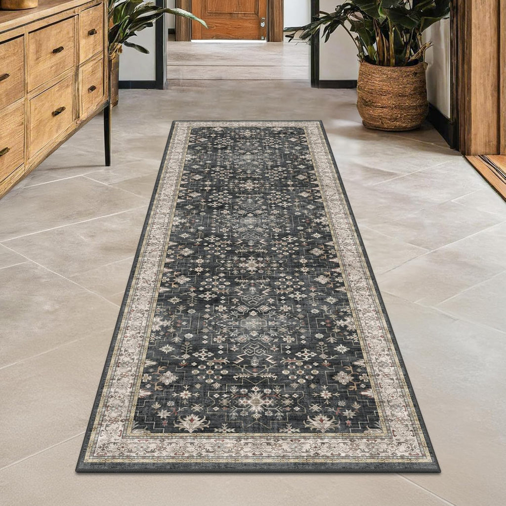 Skiennix Black Boho Runner Rug - Washable, Non-Slip, Soft & Stain Resistant | 2x6 ft for Hallway, Kitchen, Bedroom