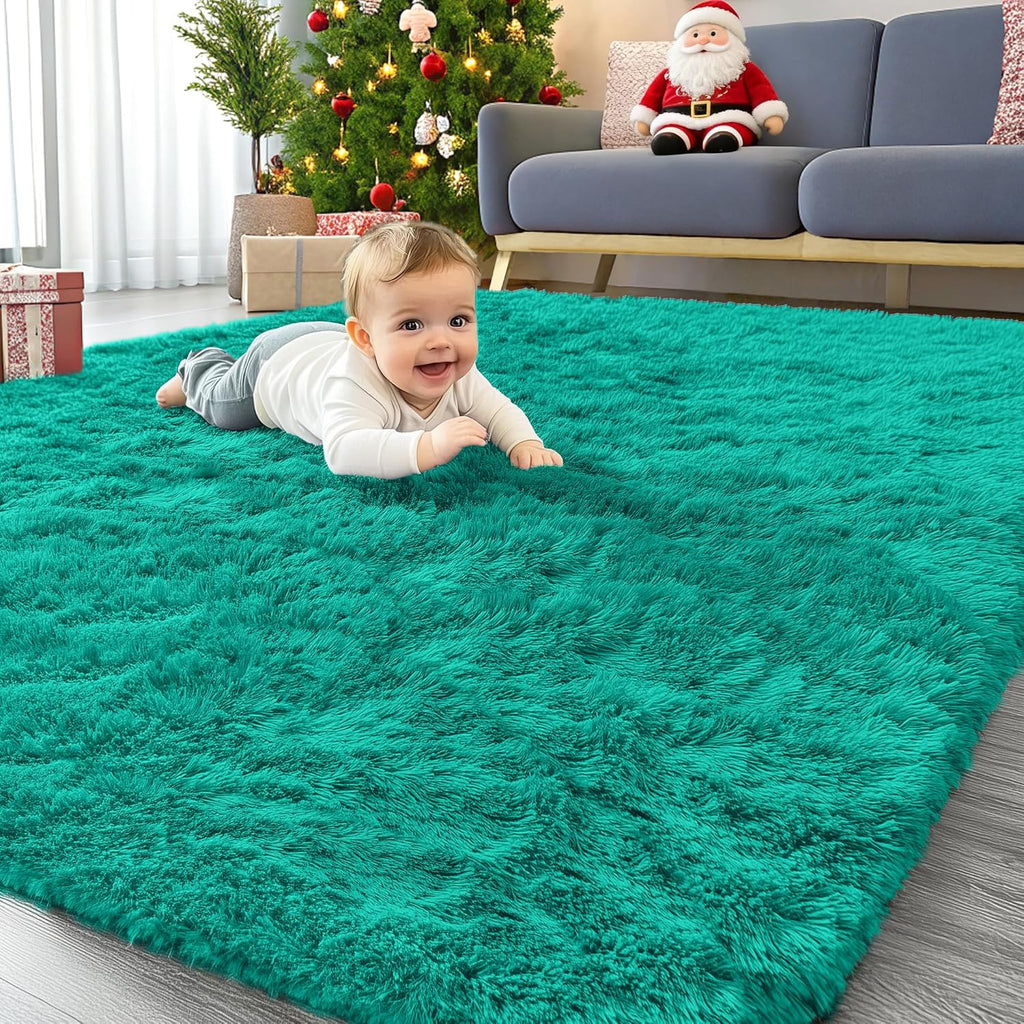 OLANLY Area Rug - Soft Fluffy Shaggy Carpet for Living Room & Bedroom | Machine Washable 4x5.9 ft in Teal Green