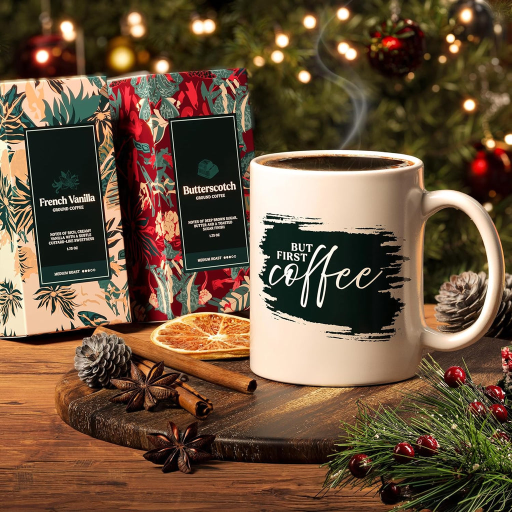 Skiennix Coffee Gift Set - 5 Gourmet Ground Coffee Flavors with Mug - Perfect Unique Christmas Gift