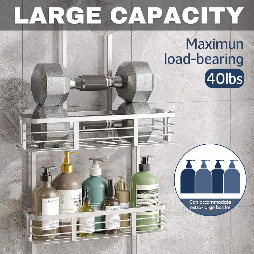 Never Rust Aluminum Shower Caddy by [Brand Name] - Over Showerhead Organizer with Soap Holder & Multi Hooks | Silver