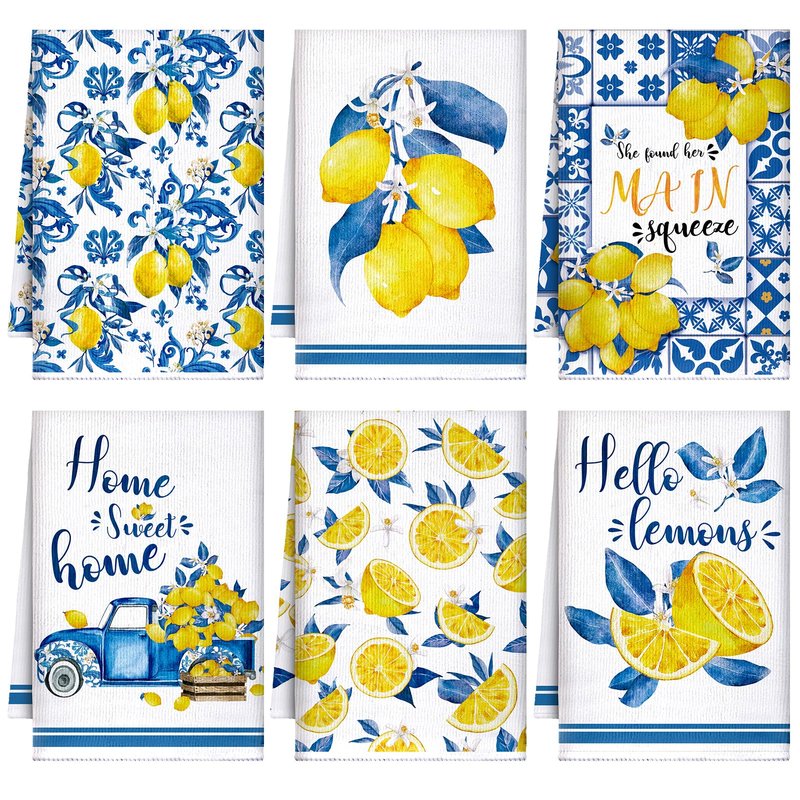 Sratte 6 Pcs Summer Lemon Kitchen Towels 24 x 16 Inch Italian Capri Tiles Lemon Dish Towels Absorbent Blue Yellow Hand Bathroom Towel Mediterranean Tea Towel for Kitchen Bath Amalfi Coast Party Decor