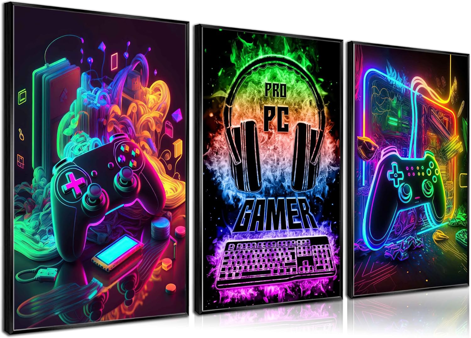 Skiennix Retro Video Gamer Wall Art - Colorful Neon Canvas Prints | 3-Piece Set for Boys' Room (16x24in)