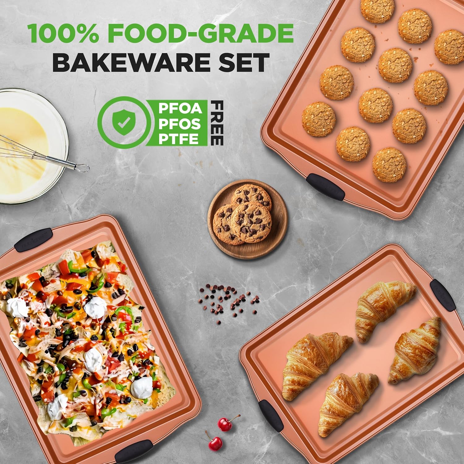 NutriChef Nonstick Cookie Sheets Set - 3 Piece PFOA-Free Carbon Steel Bakeware with Silicone Handles