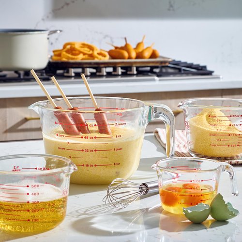 Le'raze Set of 3 Glass Measuring Cups with Measuring Spoons & Whisk - Kitchen Mixing Bowl Liquid Measure Cup, Glass Bakeware. 1 cup, 2 cup, 4 cup., Multi Size, Clear