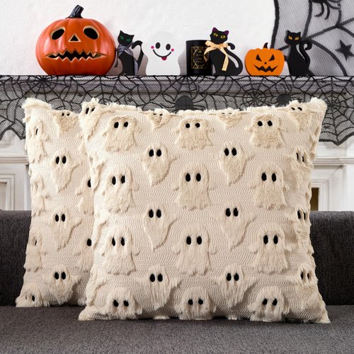 YOSICHY Halloween Decorations Pillow Covers 18x18 inch Set of 2 Beige Ghost Throw Pillow Cases Soft Plush Faux Fur Wool Decorative Cushion Case for Sofa Couch Bed Chair Living Room Home Decor