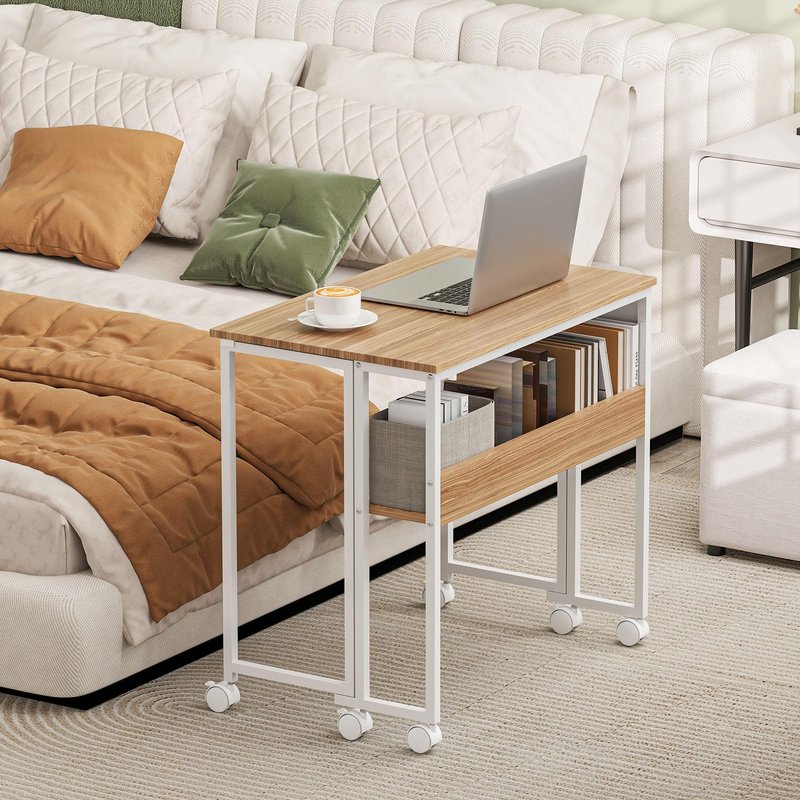 HOMCOM Small Folding Desk, Rolling Computer Desk Foldable with Storage Bag and Shelf, 31.5" Portable Writing Table on Wheels for Small Spaces, Home Office, Study, Easy Assembly, Natural Wood