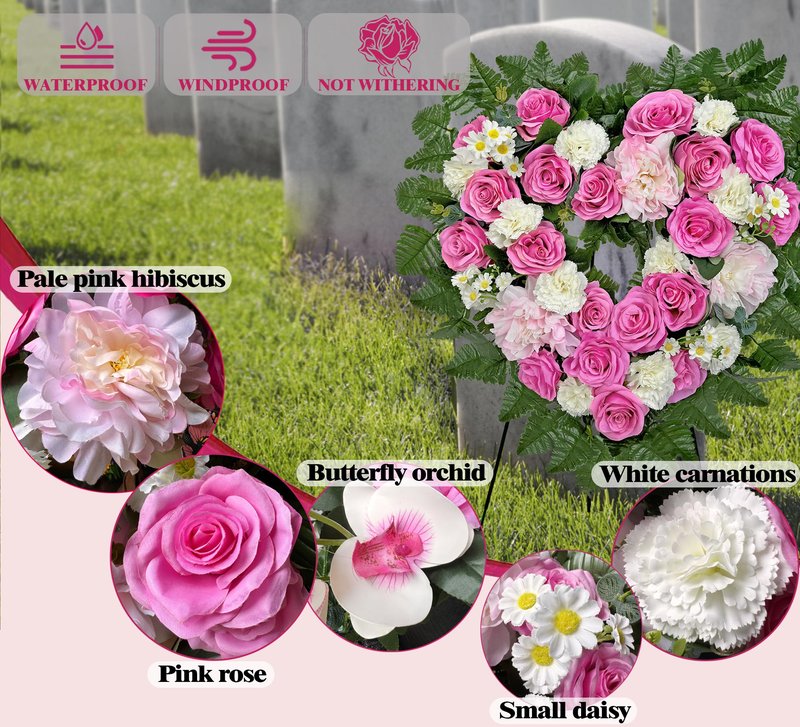 MUVIC Cemetery Flower Wreaths for Grave Decorations- Elegant Remembrance Standing Heart,Memorial Floral with Easel Stand,Pink Hibiscus Rose Carnation Daisy-27 Inch
