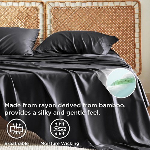 Bedsure Cooling California King Sheet Set - Breathable Rayon from Bamboo, Soft & Silky, Deep Pocket Up to 16 Inches, Black