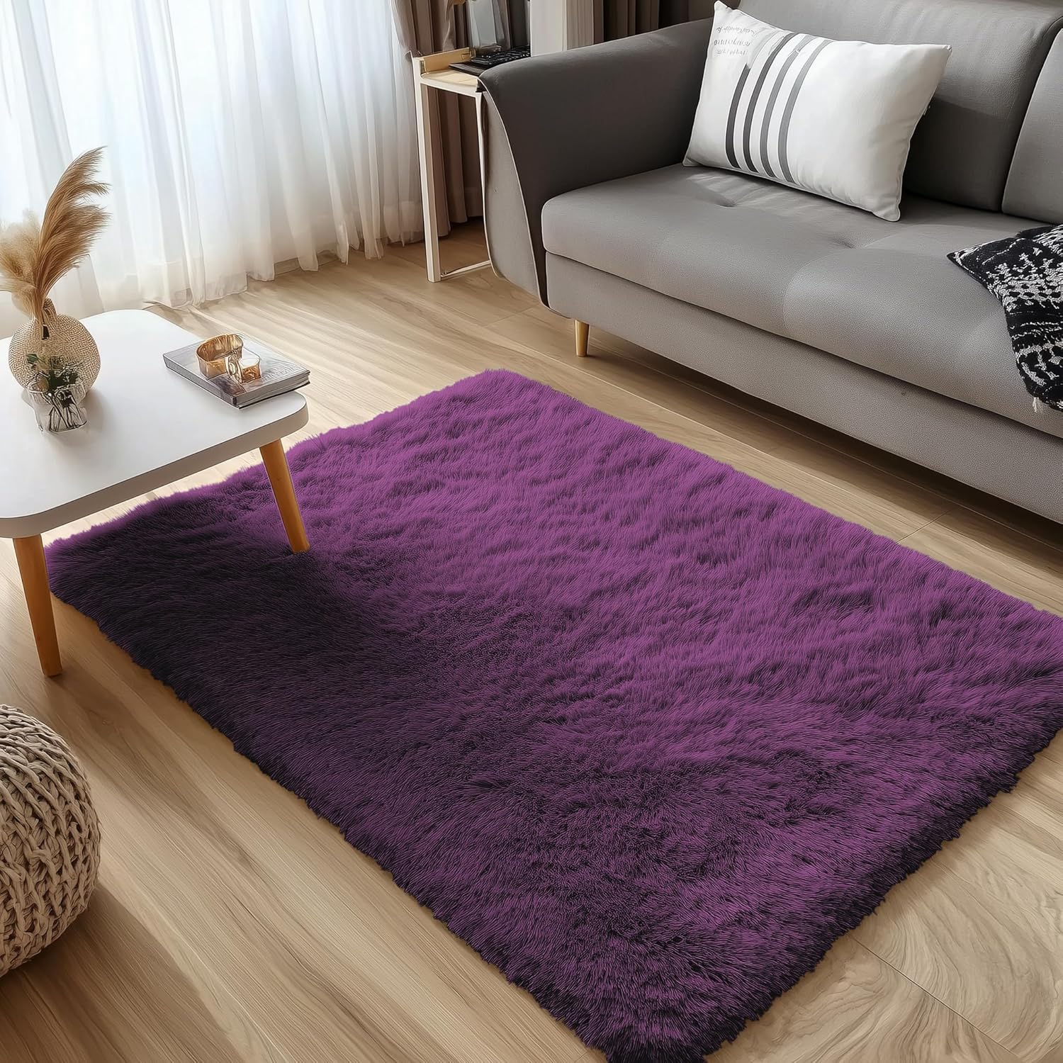 OLANLY Soft Fluffy 3x5 Machine Washable Bedside Rug - Dark Purple Shaggy Carpet for Kids & Nursery