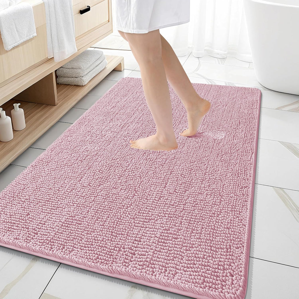 OLANLY Large Bathroom Rugs - Extra Soft Chenille Bath Mats | Quick Dry, Machine Washable, Dusty Rose 59x35