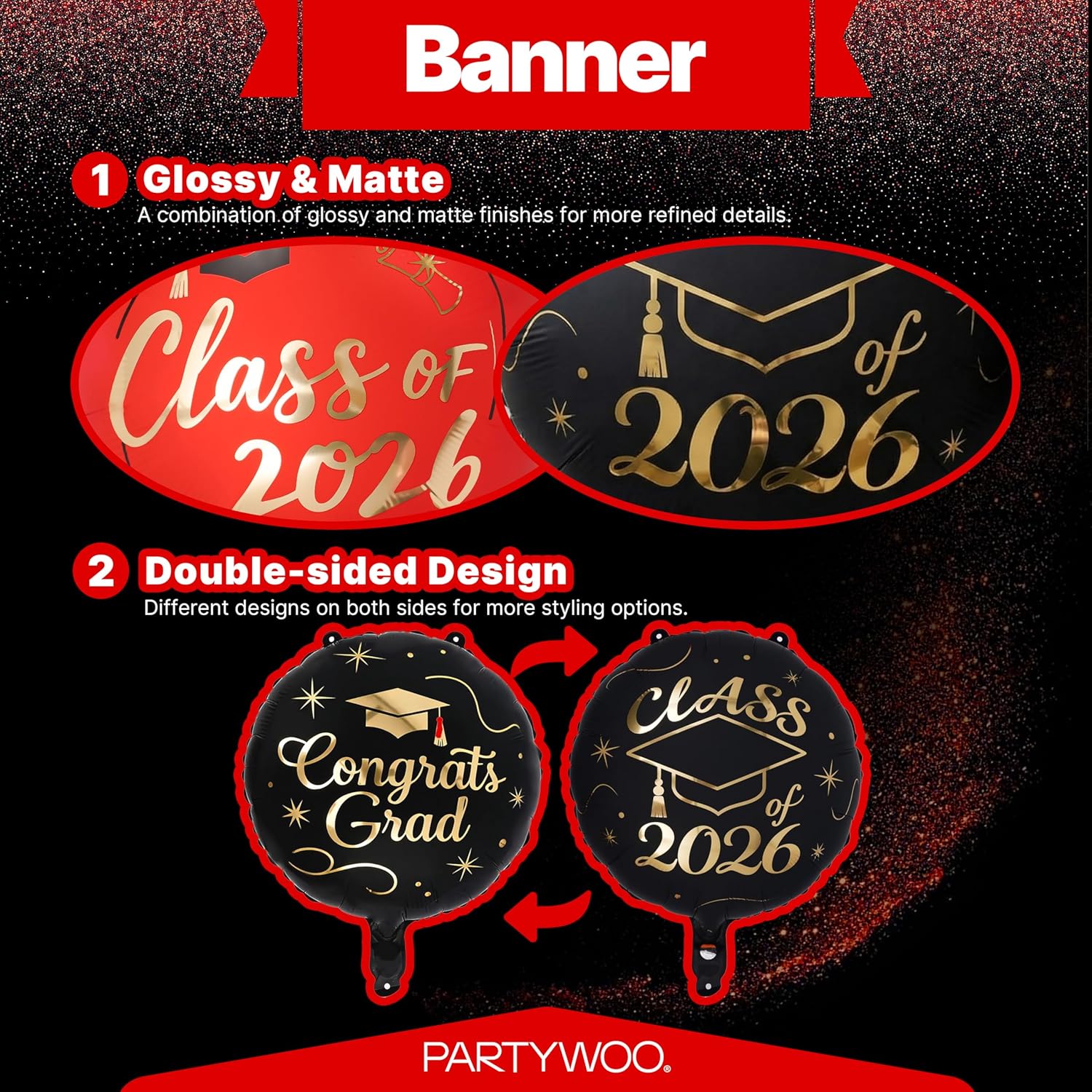 PartyWoo Graduation Balloons - Class of 2026 Foil Number & Mylar Balloons | Black, Red, Gold, 12pcs Set
