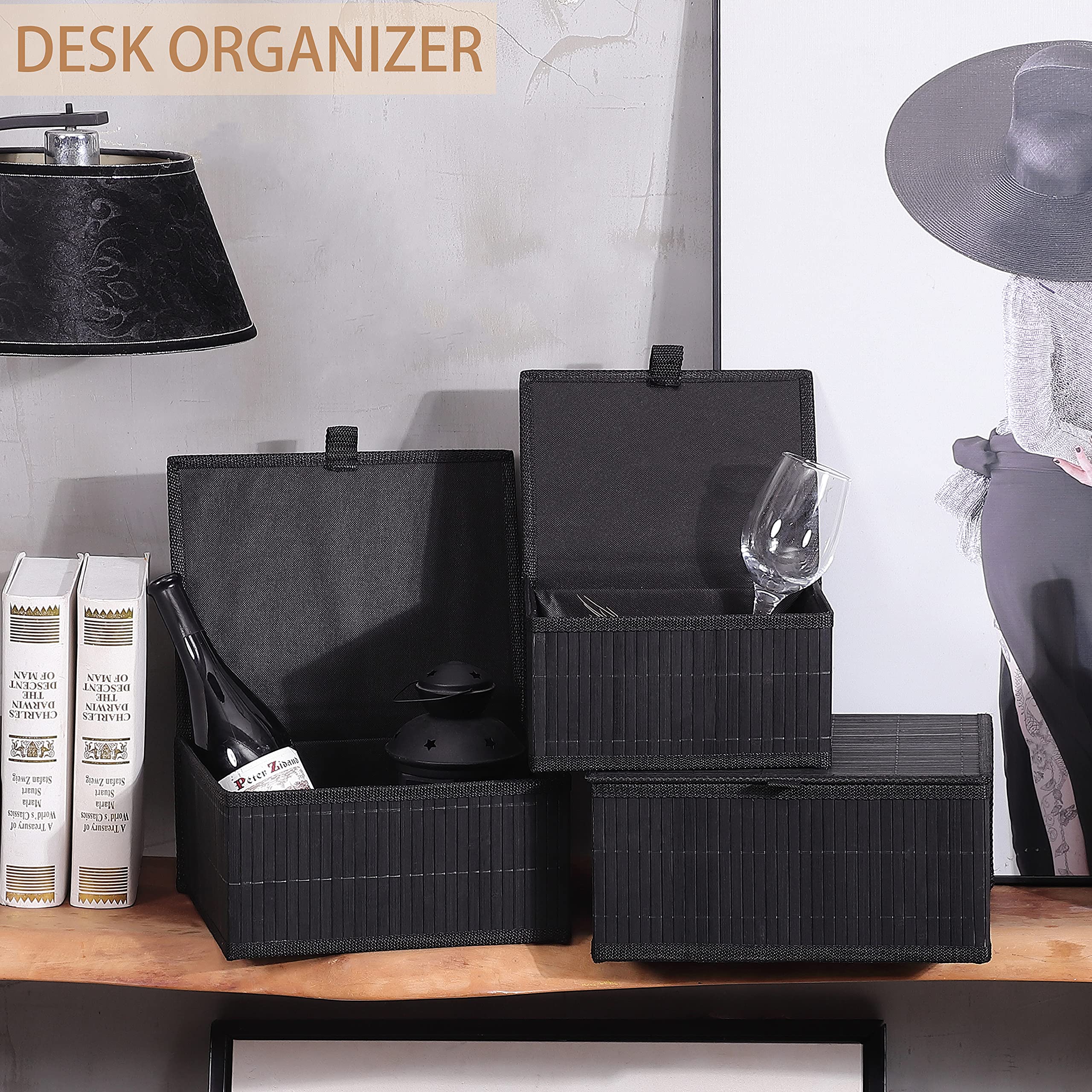 Honygebia Bamboo Decorative Storage Boxes - Set of 3 Woven Lined Storage Basket with Lids, Black Wicker Lidded Baskets for Home Kitchen Shelf Organizer Decor