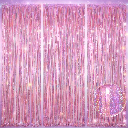 Melsan Pink Foil Fringe Curtain - Shiny Tinsel Backdrop for Bachelorette Party | 3 Pack, 3.2 x 8.2 ft