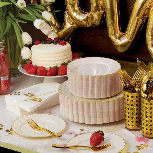 By Madee HEAVYWEIGHT 100 Pc Ivory and Gold Scalloped Disposable Plates for Party | 50 Dinner & 50 Dessert Heavy Duty Pastic Plates | Elegant and Fancy (50 Guests)
