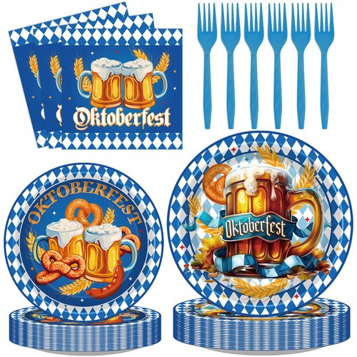 VorkiVecKi Oktoberfest Party Supplies Plates - 96 Pcs Bavarian Paper Plate Set Napkins Forks Tableware Disposable Serving, Blue Flag Check Party Decorations for Men German Beer Festival Celebrations