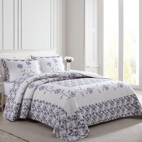 Beatrice Home Fashions Carnation Floral Embroidered Quilted Bedspread, Lightweight, All-Seasons, Standard Sham, Lavender