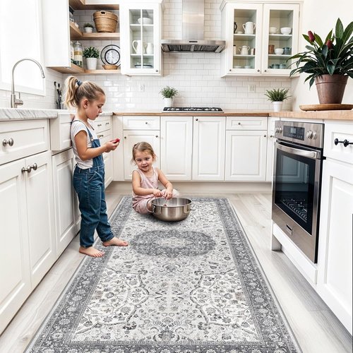 **Regine Switzerland Washable Runner Rug - Stain Resistant Oriental Design | 4x8 Feet, Grey for Entryway & Kitchen**