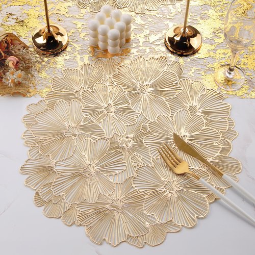 Placemats Set of 6, Gold Place Mats Hollow Out Pressed Flowers Vinyl Round Table Mats Washable for Dining Table Christmas Holiday Decorations