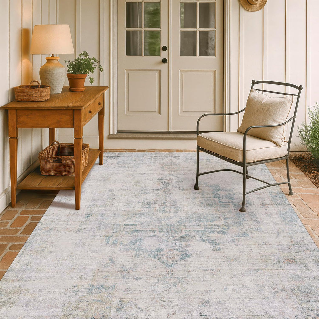 Skiennix Low Pile Office Rugs - 5x7 Abstract Non-Slip Rugs for Living Room & Entryway, Cream Slate Blue