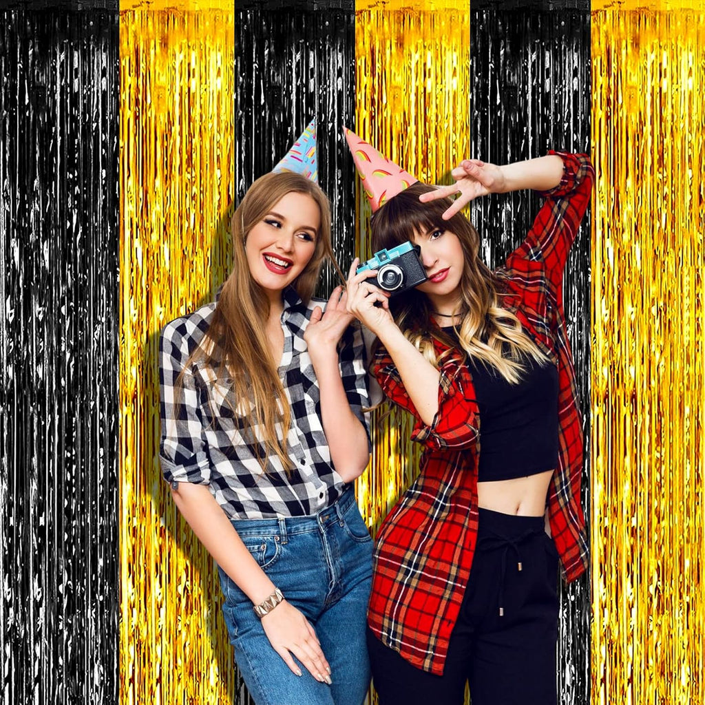Skiennix Black Gold Foil Fringe Curtain Backdrop - 4 Pack Metallic Tinsel Streamers for Parties & Events