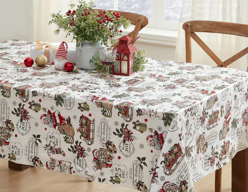 Newbridge Vintage Nostalgia Christmas 60 x 102 Inch Rectangle Vinyl Tablecloth with Flannel Backing – Retro Santa Claus, Snowman & Sleigh Holiday Print Easy-Care Wipe Clean Table Cover