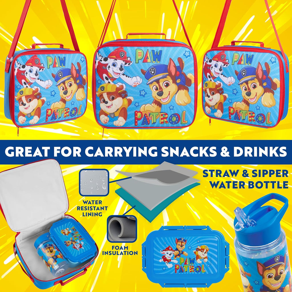 Paw Patrol Kids' Water Bottle & Lunch Box Set - Insulated 3-Piece Bag for School & Travel (Blue)
