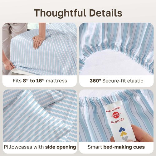 California Design Den 100% Cotton Full Size Sheets Set - 400 TC, Award-Winning Sateen Finish, Deep Pockets - Cape Stripe Blue