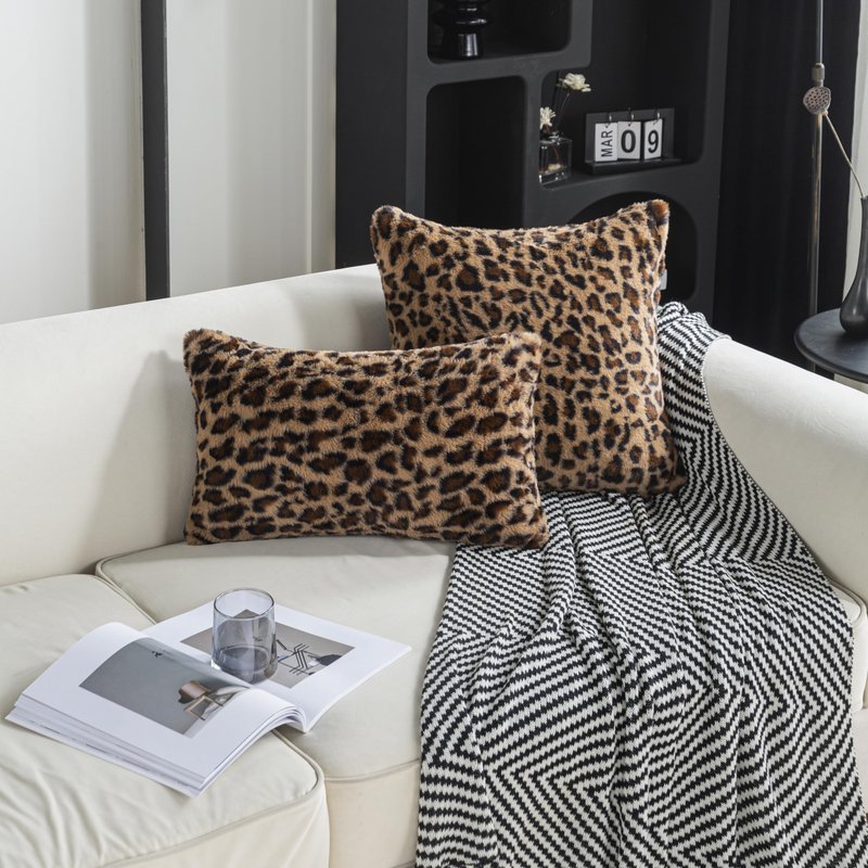 AGOKABA Leopard Print Faux Fur Throw Pillow Covers, 12x20 Inch, Set of 2, Soft Plush Animal Print Decorative Lumbar Cushion Cases for Sofa Bed Chair | Safari-Inspired Decor in Warm Terracotta Brown