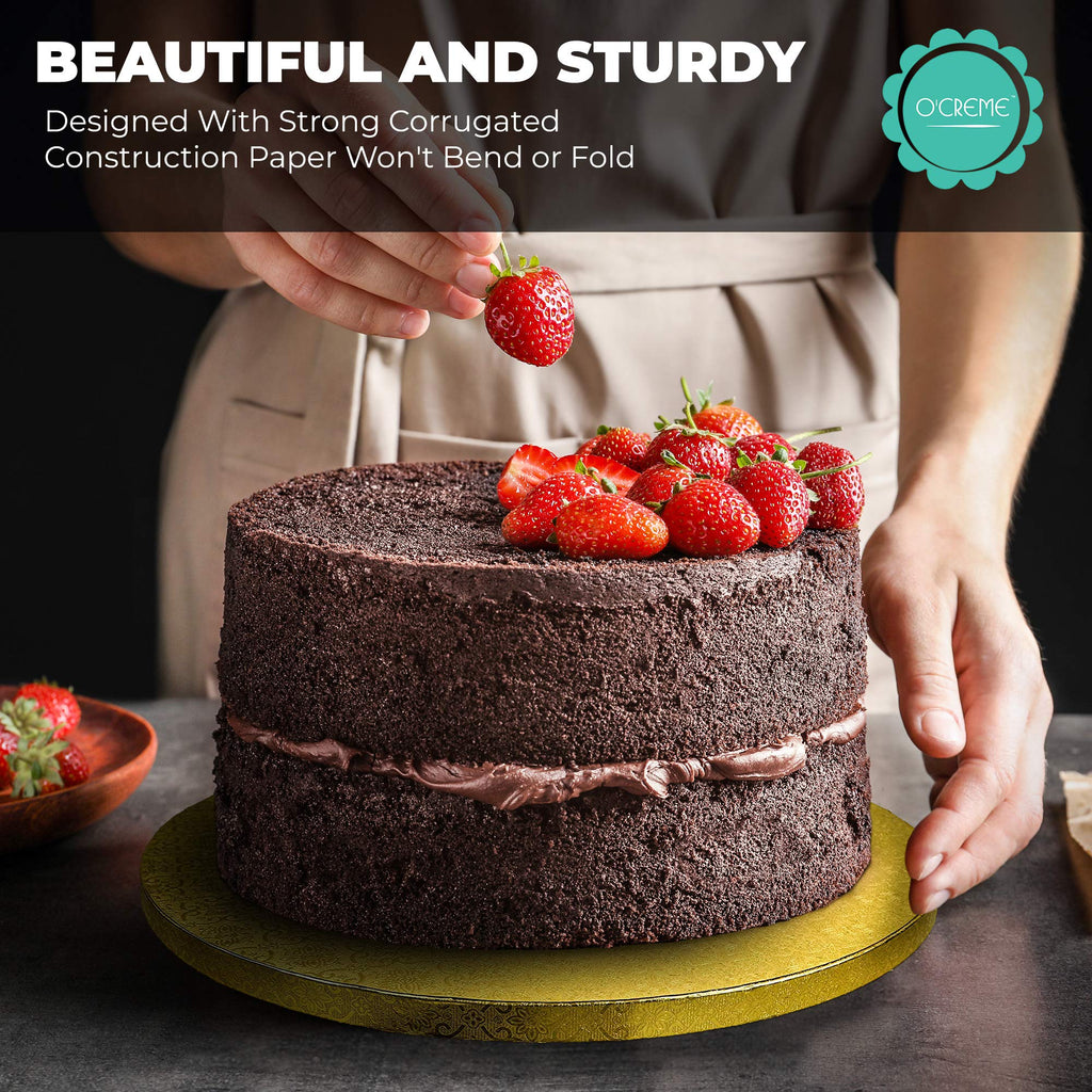 O’Creme Cake Board, Gold Foil Round Cake Circles with Gorgeous Design, Sturdy & Durable 1/2” Thick Cake Drums, Round Cake Boards with 12” Diameter, Pack of 5 Disposable Cake Drums