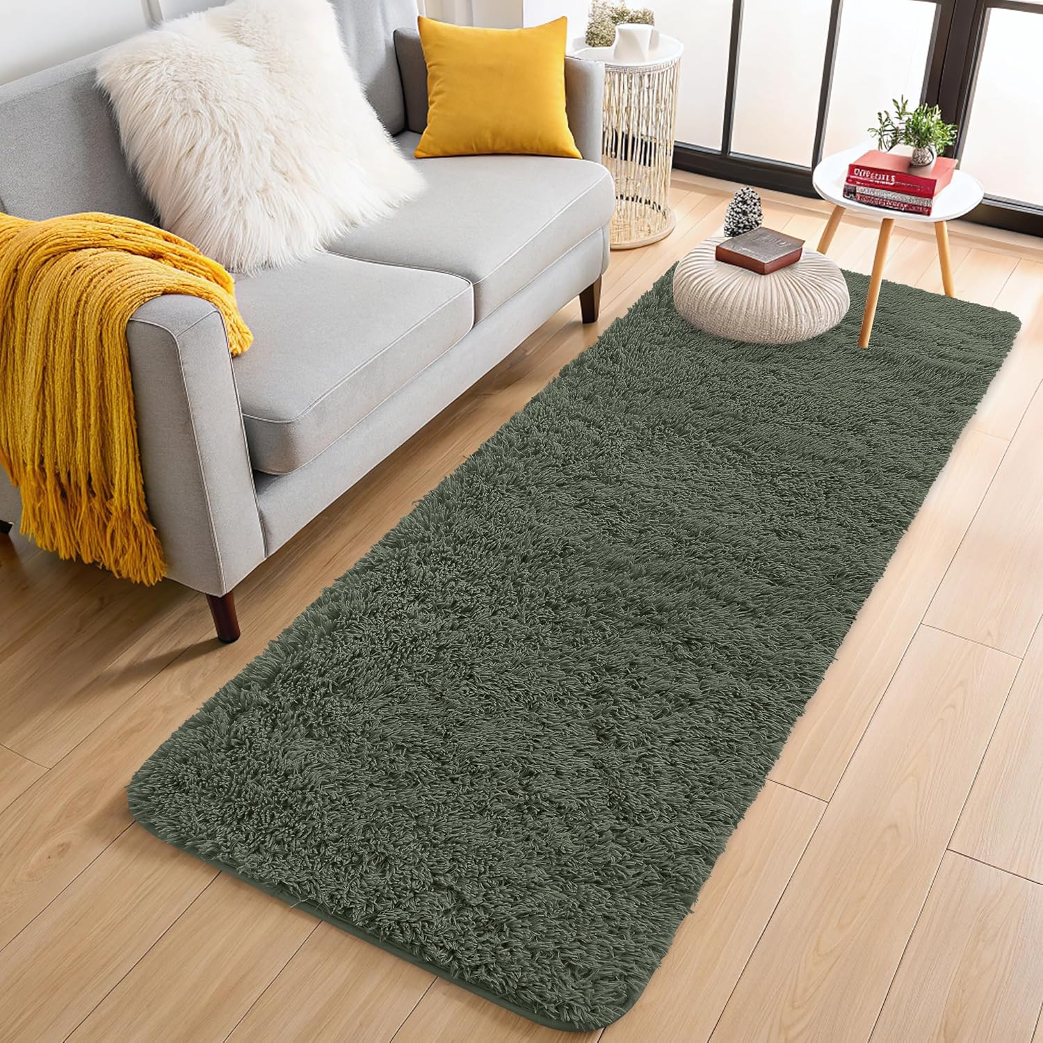 OLANLY Machine Washable 2x6 Runner Rug - Soft Fluffy Shaggy Design for Hallway & Bedroom | Olive Green