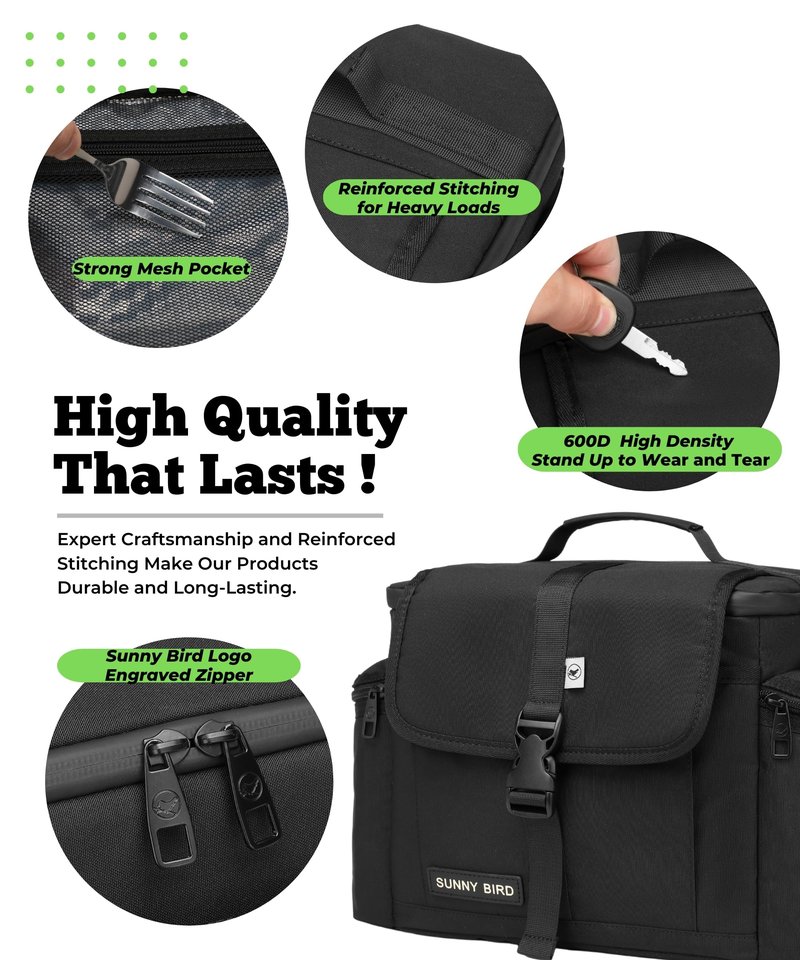 SUNNY BIRD Large Lunch Bag, Thermally Insulated Soft Cooler with Shoulder Strap for Women, Men (Black)