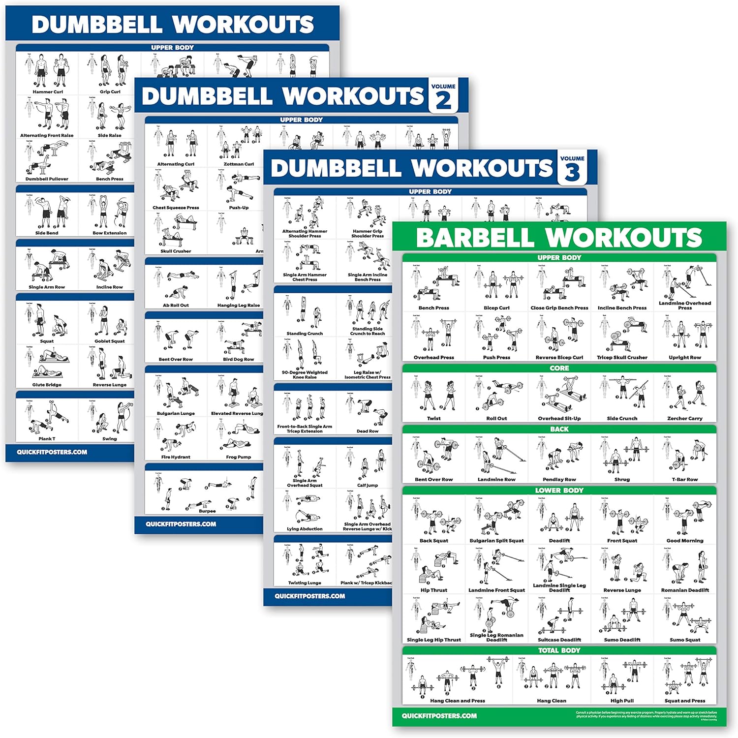 Palace Learning Dumbbell Workout Posters Set - Laminated Exercise Charts (18" x 24") - Volume 1, 2 & 3