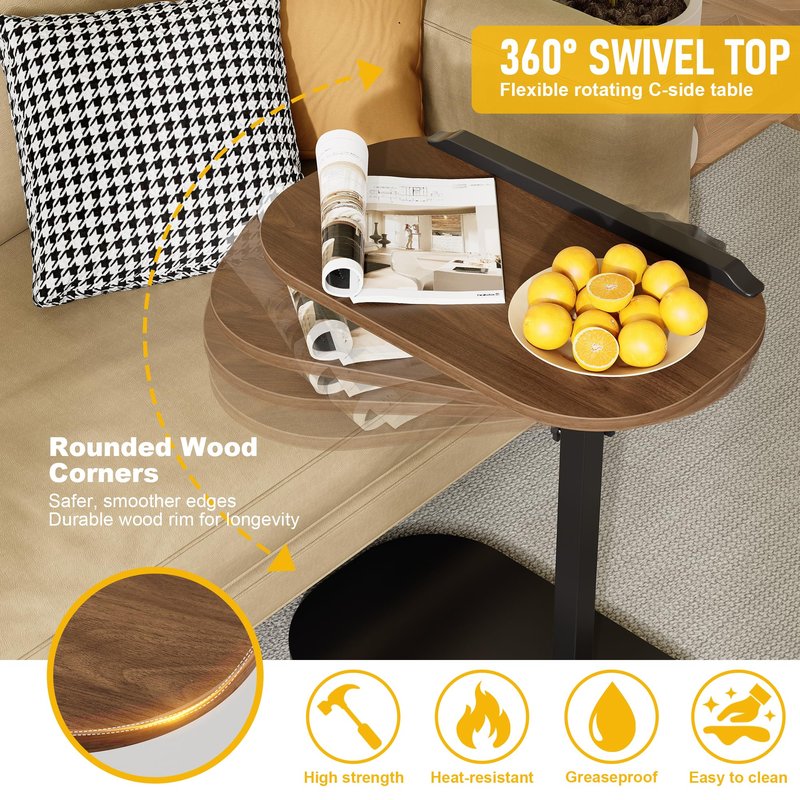 C Shaped End Side Table with Anti-Drop Rod, Adjustable Height & 360° Swivel Snack Table for Couch, Sofa, Bedroom, Living Room, TV Tray Table for Eating, Dinner or Laptop, Small Spaces, Walnut