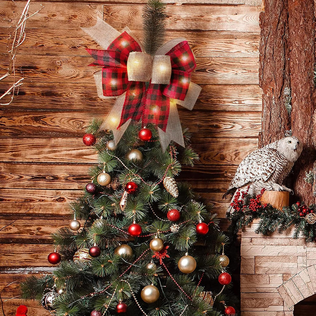 SIMISI Ribbon LED Christmas Bow - Rustic Buffalo Plaid Burlap with Lights | 9.5 x 13 Inch Holiday Decor