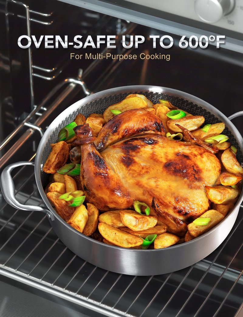 MICHELANGELO Tri-ply Stainless Steel Saute Pan 6 QT, 12.5 Inch Deep Frying Pan with Lid, 18/10 Large Saute Pan with Nonstick Honeycomb Interior, Induction Compatible & Oven Safe