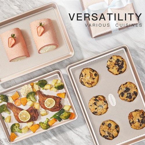HONGBAKE Nonstick Baking Sheet Pan Set - 3 Heavy-Duty Cookie Sheets with Diamond Texture | Champagne Gold