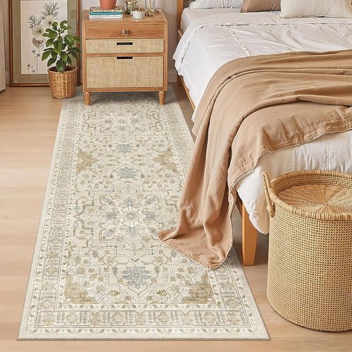 Madane Hallway Runner - Vintage Washable Kitchen Rug | Non-Slip Indoor Area Carpet (3x8, Beige/Blue)