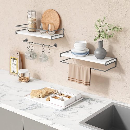 Forbena Floating Bathroom Shelves - Wall Mounted Organizer with Towel Rack | Set of 2 (White-Dark Grey)
