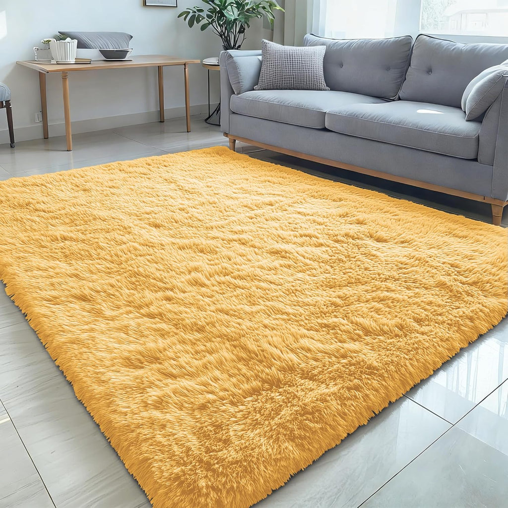OLANLY 5x7 Large Area Rug - Soft Fluffy Shaggy Indoor Carpet for Living Room & Bedroom | Mustard Yellow