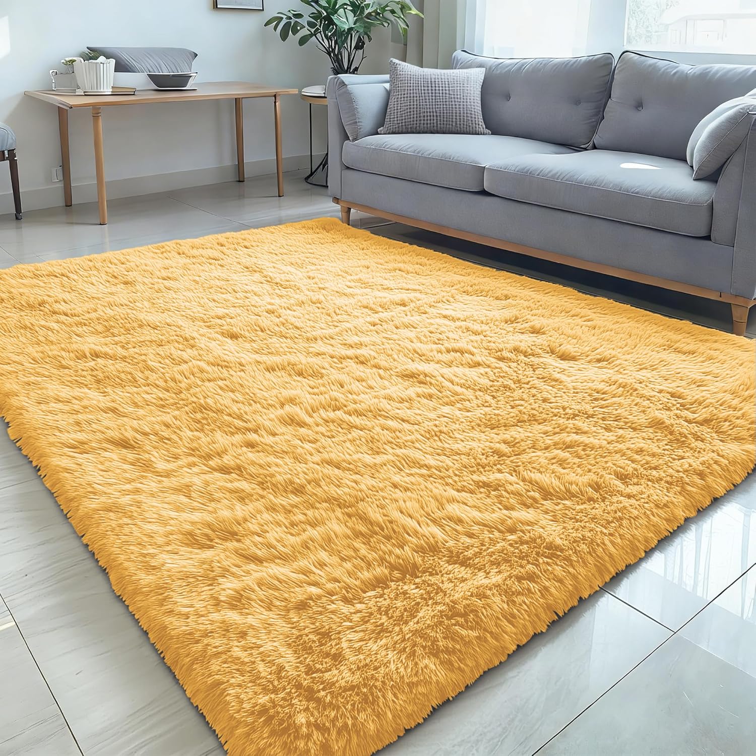 OLANLY 5x7 Large Area Rug - Soft Fluffy Shaggy Indoor Carpet for Living Room & Bedroom | Mustard Yellow