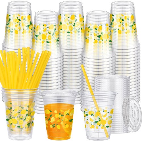 Kochorie 300 Pieces Lemon Plastic Disposable Cups with Lids and Straws 16 Ounce Lemon Hawaiian Luau Party Plastic Cups Clear Summer Tropical Party Cups Fruit Cold Cups for Lemonade Juice Water