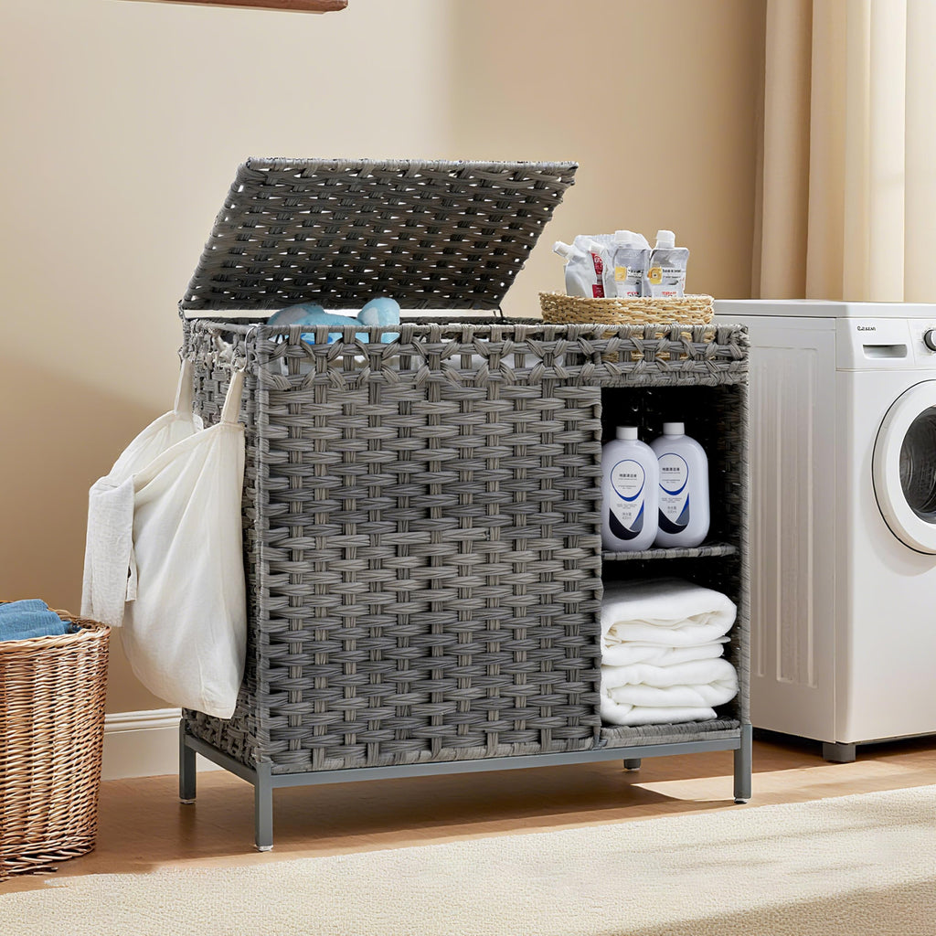 Gitelsnour Laundry Hamper with Lid, 110L (29.1 Gal) Rattan Laundry Hamper 2 Section with 50L (13.2 Gal) Storage Shelf, Wicker Woven Laundry Sorter Basket with 3 Liner Bags and Handles, Gray GLH002G
