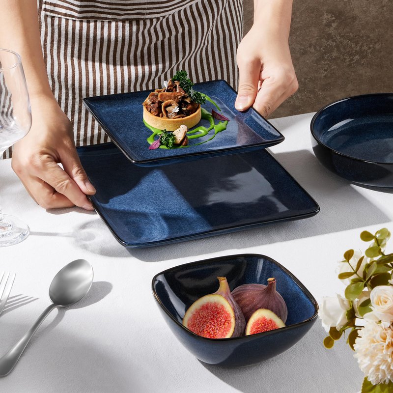 E-far Square Plates and Bowls Sets, 12-Piece Stoneware Dinnerware Sets for 4, Reactive Glaze Dish Set, Chip and Scratch Resistant, Microwave and Dishwasher Safe, Ocean Blue